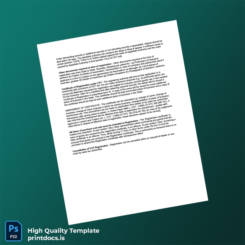 Printable India Sales Tax Authority Registration Certificate Template in Word and PDF formats page 2 Image Preview