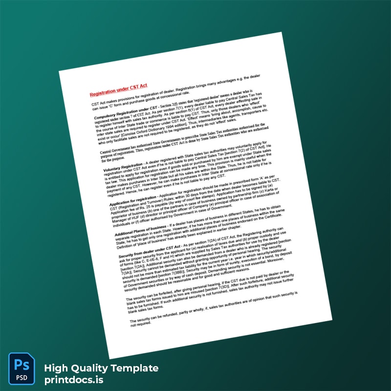 Printable India Sales Tax Authority Registration Certificate Template (Word & PDF) Image Preview