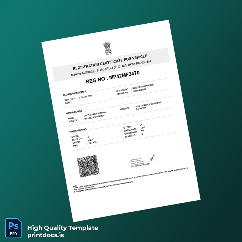 Printable India Shajapur DTO Vehicle Registration Certificate Template (Word & PDF) Image Preview