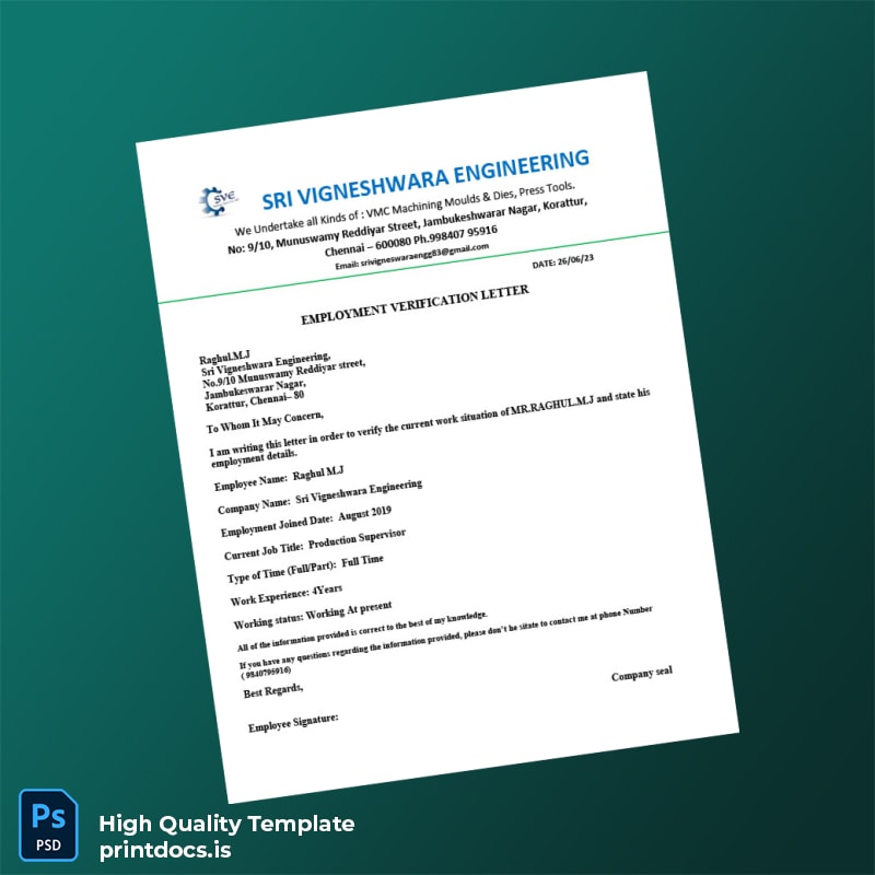 Printable India Sri Vigneshwara Engineering Employment Verification Letter Template (Word & PDF) Image Preview - PrintDocs