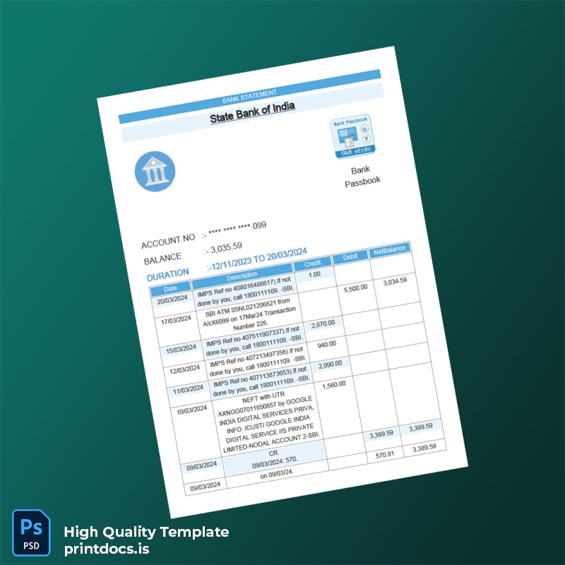 India State Bank of India Bank Statement Template in Word and PDF formats