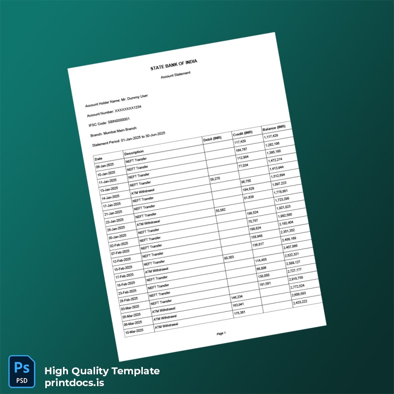 India State Bank of India Dummy Bank Statement Template in Word and PDF formats