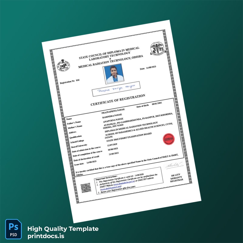 Printable India State Council of Diploma in Medical Laboratory Technology Registration Certificate Template (Word & PDF) Image Preview