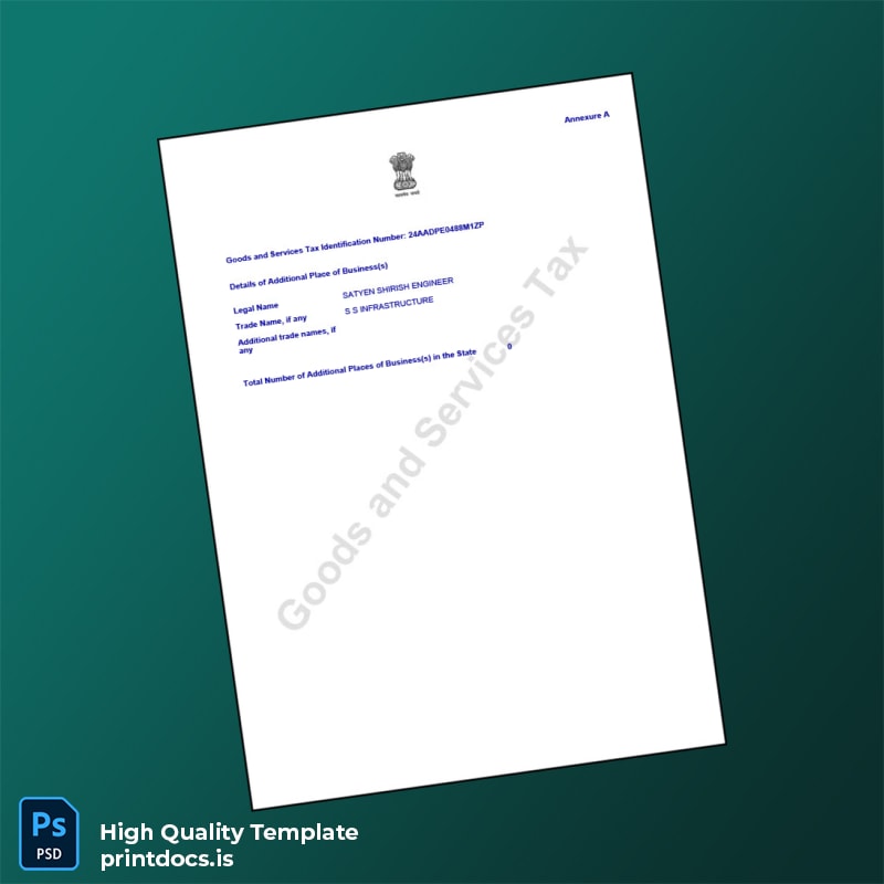 Printable India State Tax Officer GST Registration Certificate Template in Word and PDF formats page 2 Image Preview - PrintDocs
