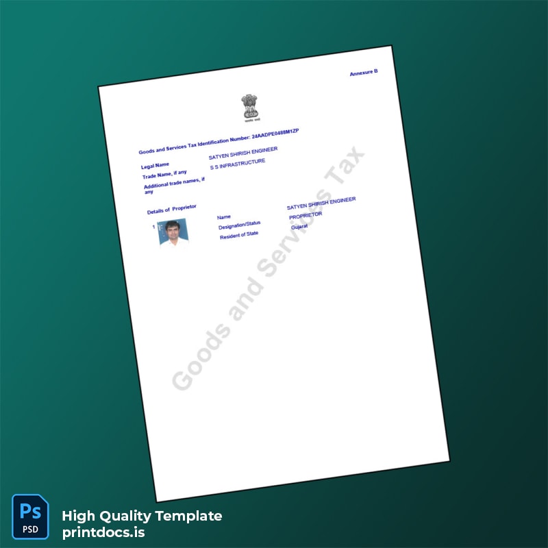 Printable India State Tax Officer GST Registration Certificate Template in Word and PDF formats page 3 Image Preview - PrintDocs