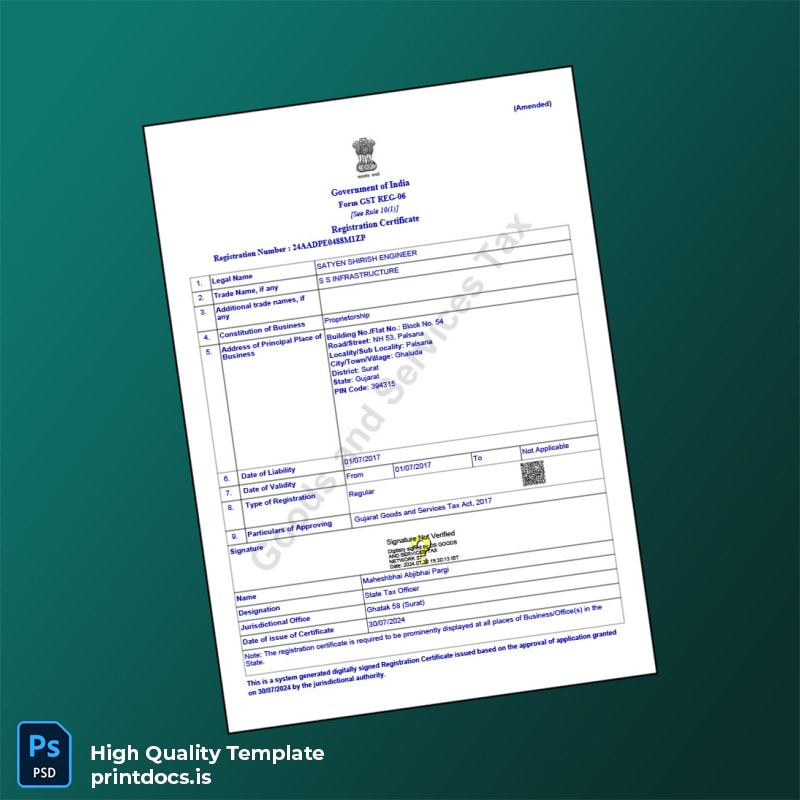 Printable India State Tax Officer GST Registration Certificate Template (Word & PDF) Image Preview - PrintDocs