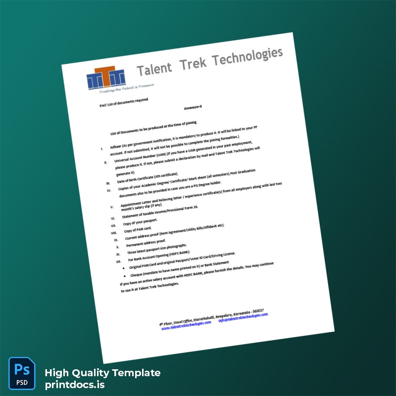 Printable India Talent Trek Technologies Employment Verification Letter Template in Word and PDF formats page 5 Image Preview - PrintDocs