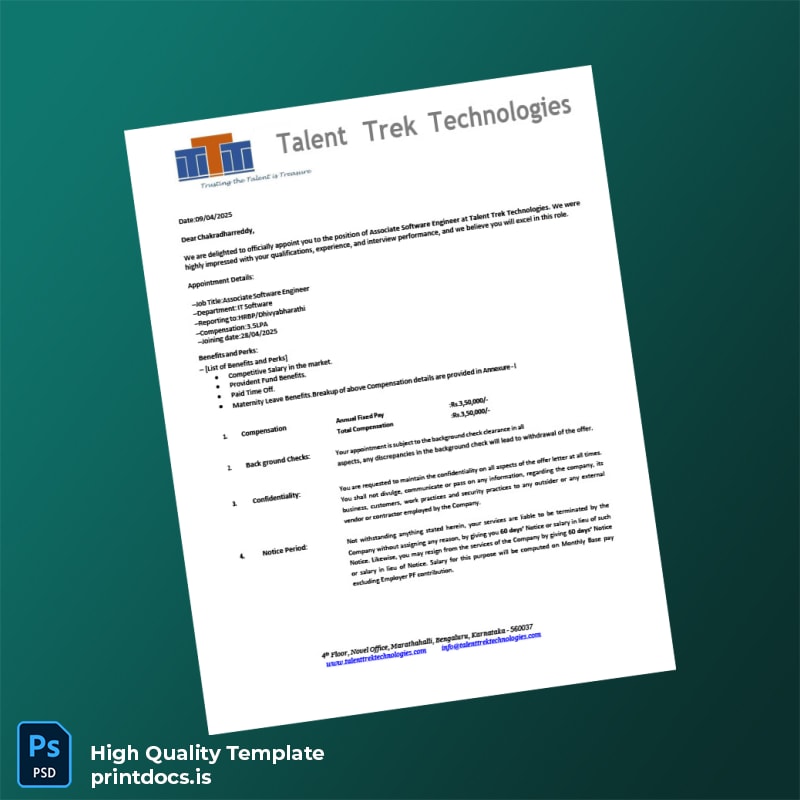 Printable India Talent Trek Technologies Employment Verification Letter Template (Word & PDF) Image Preview - PrintDocs