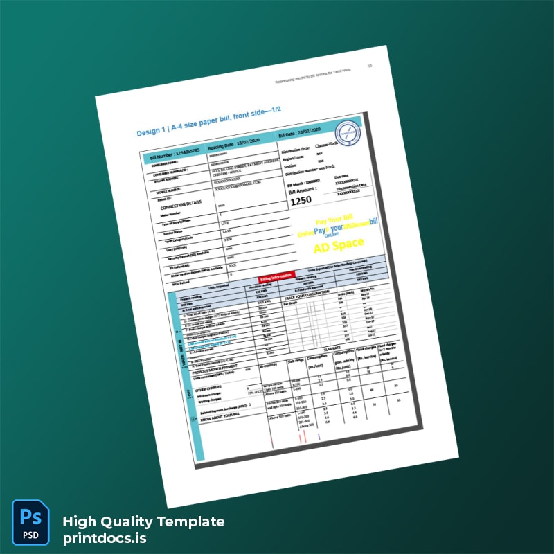 India Tamil Nadu Electricity Board Editable Electricity Bill Template in Word and PDF formats