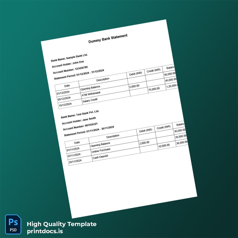 India Test Bank Pvt Ltd Statement Template in Word and PDF formats