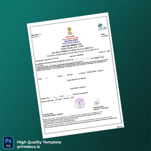 Printable India Trade Marks Registry Trade Mark Registration Certificate Template (Word & PDF) Image Preview - PrintDocs