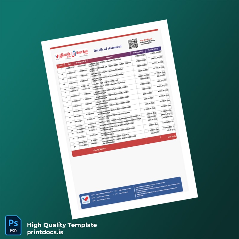 India UBI Bank Statement Template in Word and PDF formats page 2