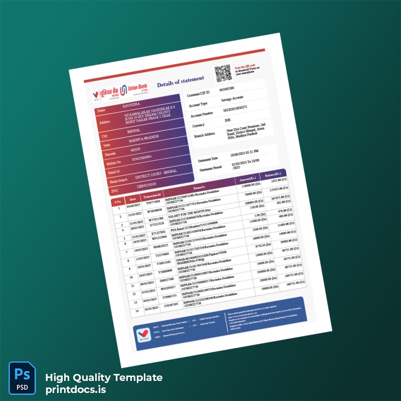 India UBI Bank Statement Template in Word and PDF formats
