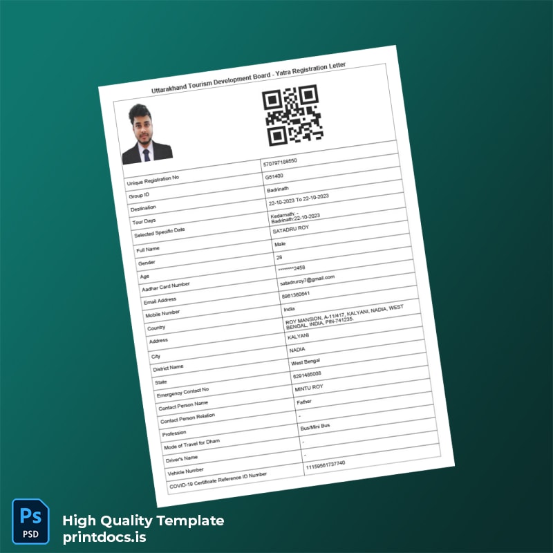 Printable India UTDB Yatra Registration Letter Template (Word & PDF) Image Preview - PrintDocs