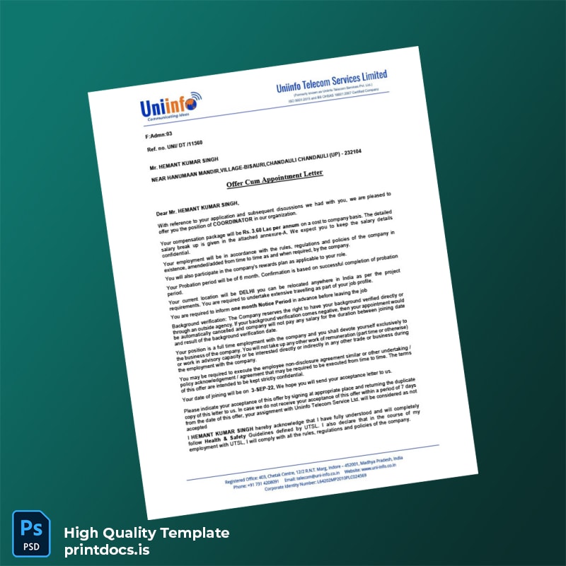 Printable India Uniinfo Telecom Services Ltd Employment Verification Letter Template (Word & PDF) Image Preview - PrintDocs