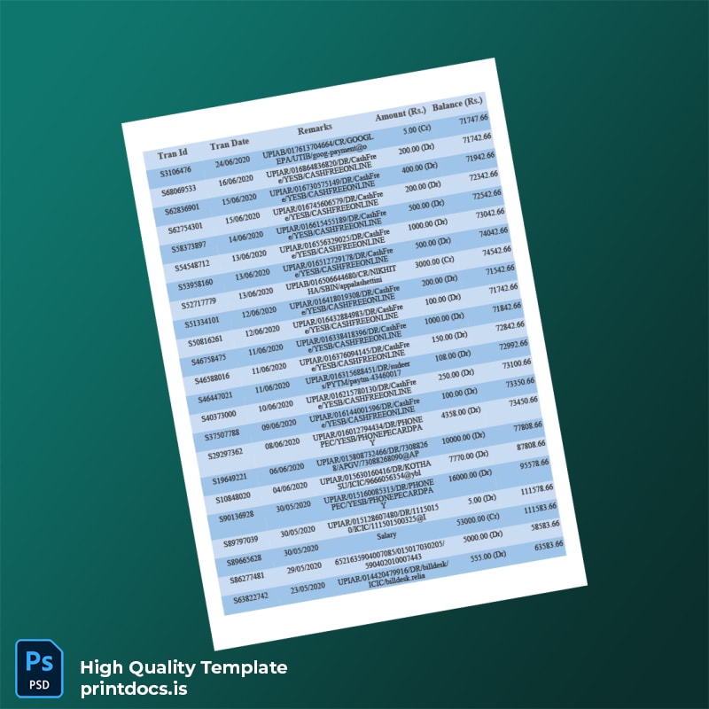 India Union Bank Bank Statement Template in Word and PDF formats page 3