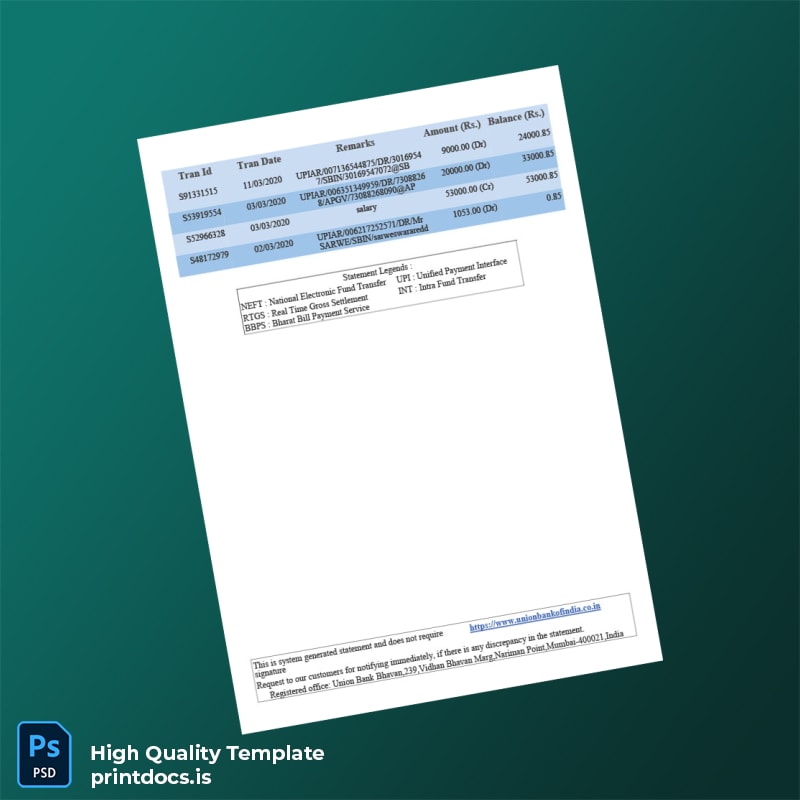 India Union Bank Bank Statement Template in Word and PDF formats page 5