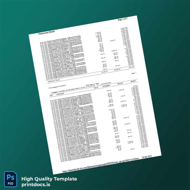 India Union Bank of India Bank Statement Template in Word and PDF formats page 2