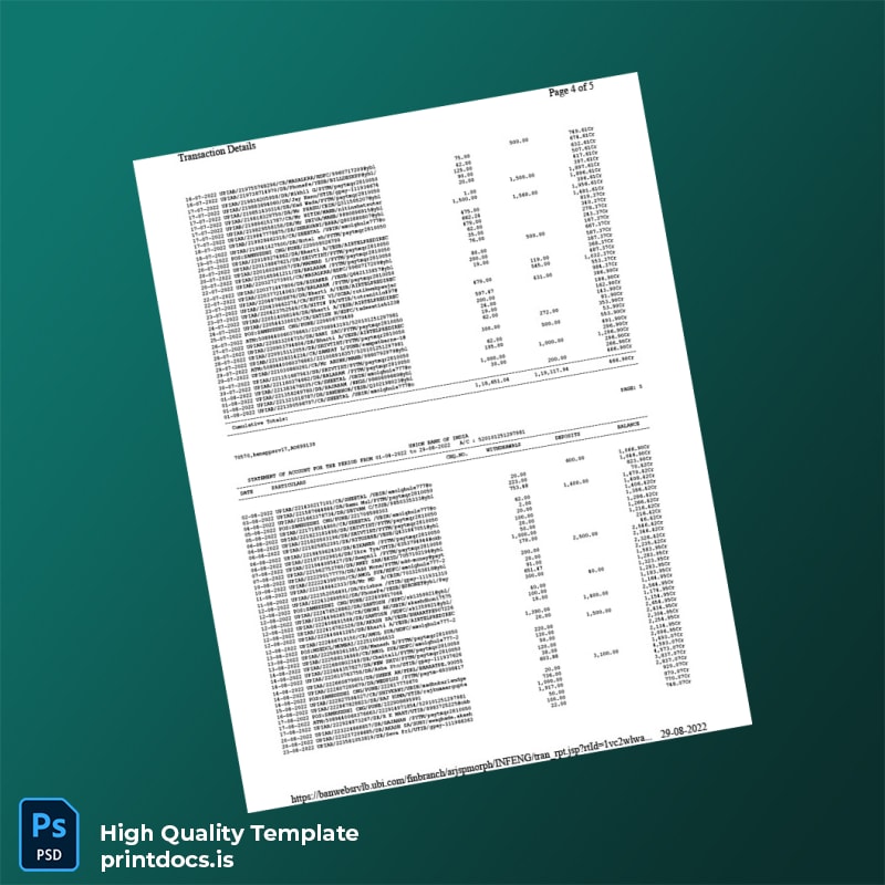 India Union Bank of India Bank Statement Template in Word and PDF formats page 4