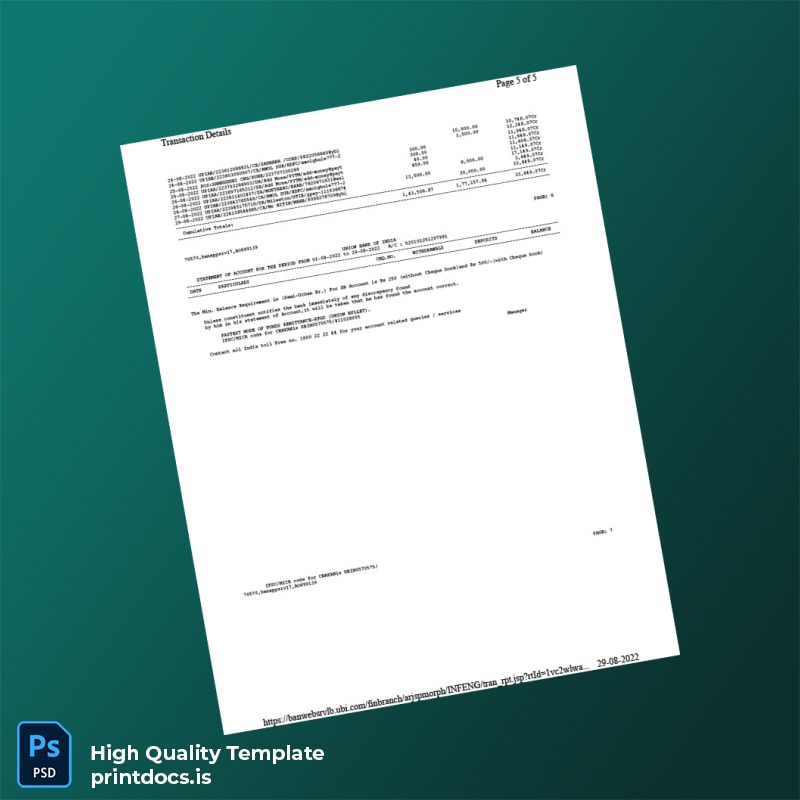 India Union Bank of India Bank Statement Template in Word and PDF formats page 5