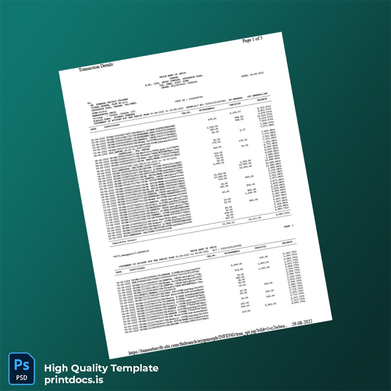 India Union Bank of India Bank Statement Template in Word and PDF formats