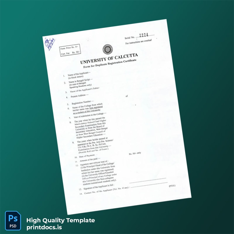 Printable India University of Calcutta Duplicate Registration Certificate Template (Word & PDF) Image Preview - PrintDocs