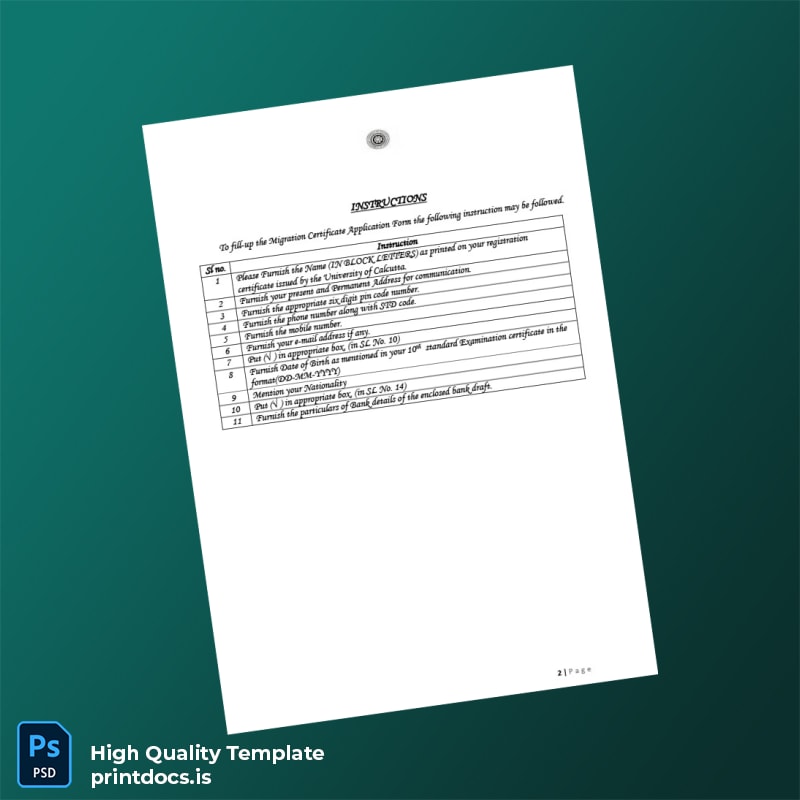 Printable India University of Calcutta Migration Certificate Template in Word and PDF formats page 2 Image Preview - PrintDocs