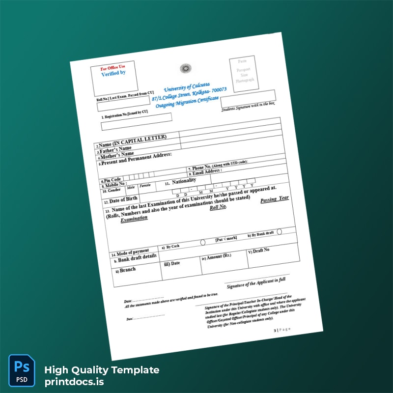 Printable India University of Calcutta Migration Certificate Template in Word and PDF formats page 3 Image Preview - PrintDocs
