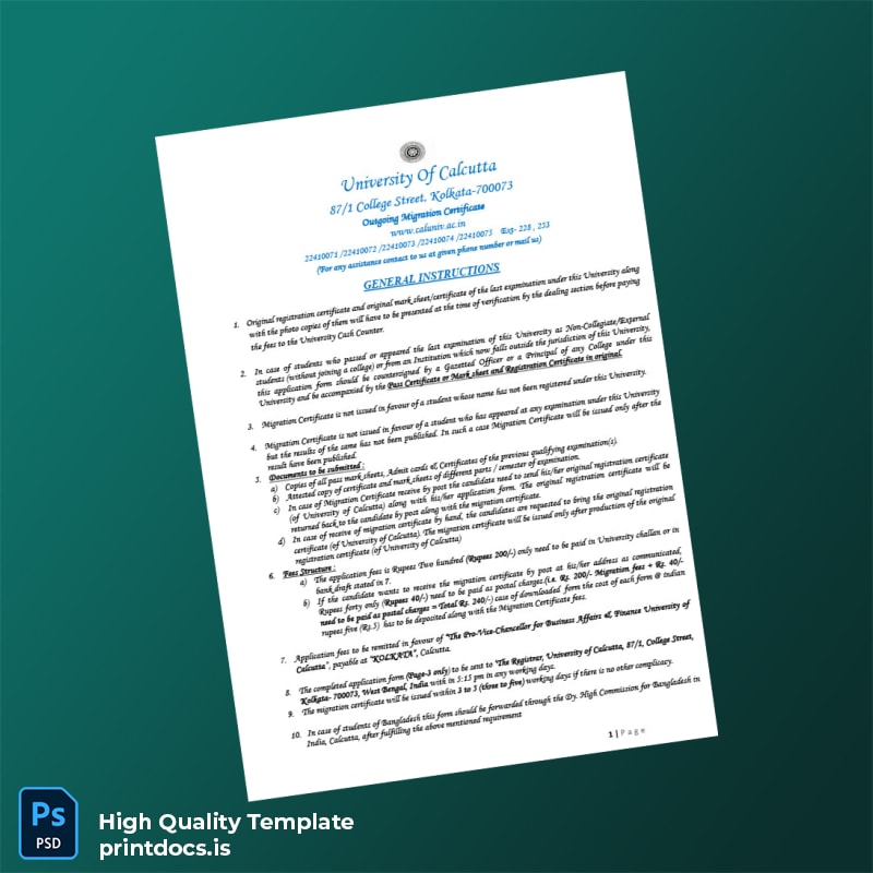Printable India University of Calcutta Migration Certificate Template (Word & PDF) Image Preview - PrintDocs