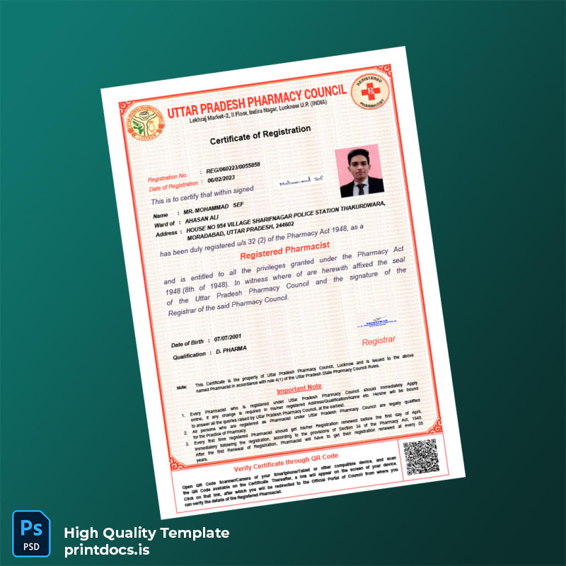 Printable India Uttar Pradesh Pharmacy Council Registration Certificate Template (Word & PDF) Image Preview - PrintDocs