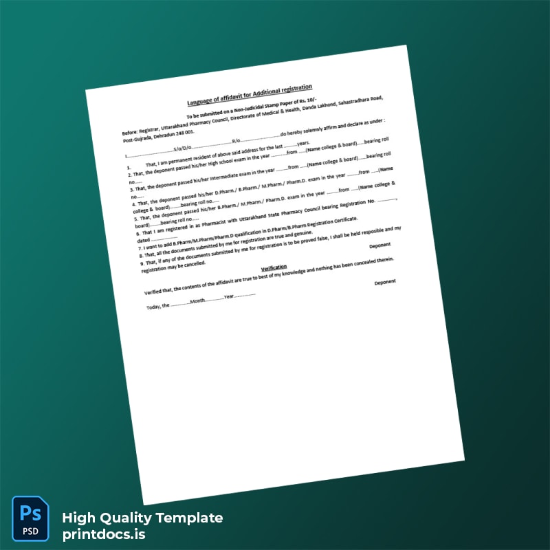 Printable India Uttarakhand Pharmacy Council Registration Certificate Template in Word and PDF formats page 2 Image Preview - PrintDocs