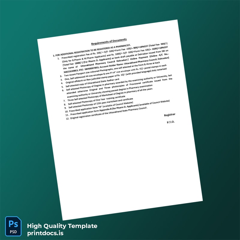 Printable India Uttarakhand Pharmacy Council Registration Certificate Template (Word & PDF) Image Preview - PrintDocs