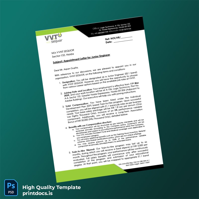 Printable India VVNT SeQuor Employment Verification Letter Template (Word & PDF) Image Preview - PrintDocs