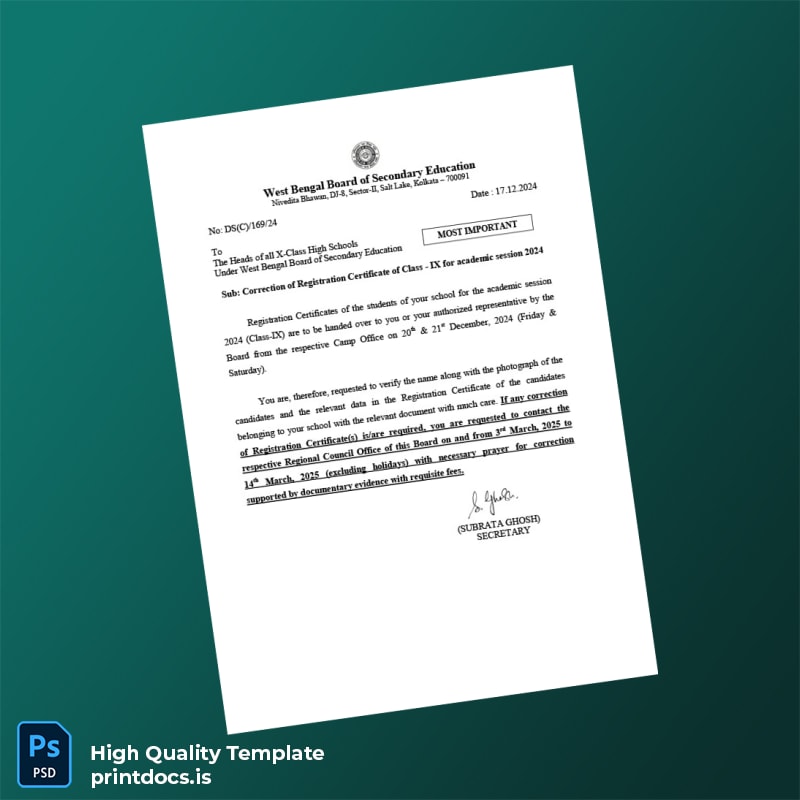 Printable India West Bengal Board of Secondary Education Correction of Registration Certificate Template (Word & PDF) Image Preview - PrintDocs