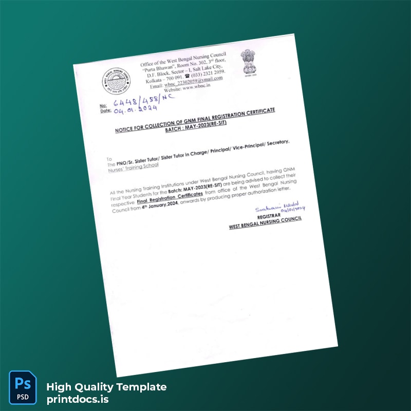 Printable India West Bengal Nursing Council Final Registration Certificate Template (Word & PDF) Image Preview - PrintDocs