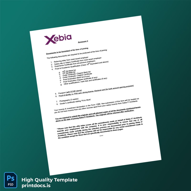 Printable India Xebia IT Employment Verification Letter Template in Word and PDF formats page 4 Image Preview - PrintDocs