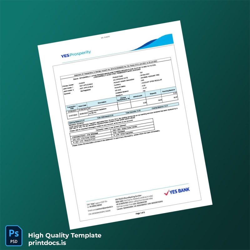 India YES Bank Statement Template in Word and PDF formats page 3