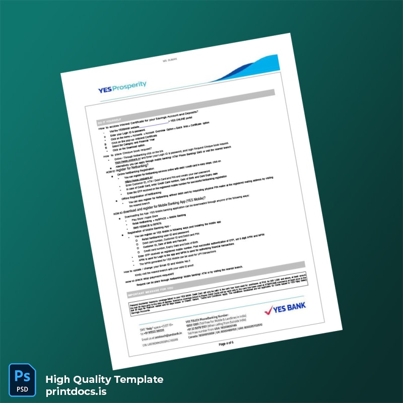 India YES Bank Statement Template in Word and PDF formats page 4