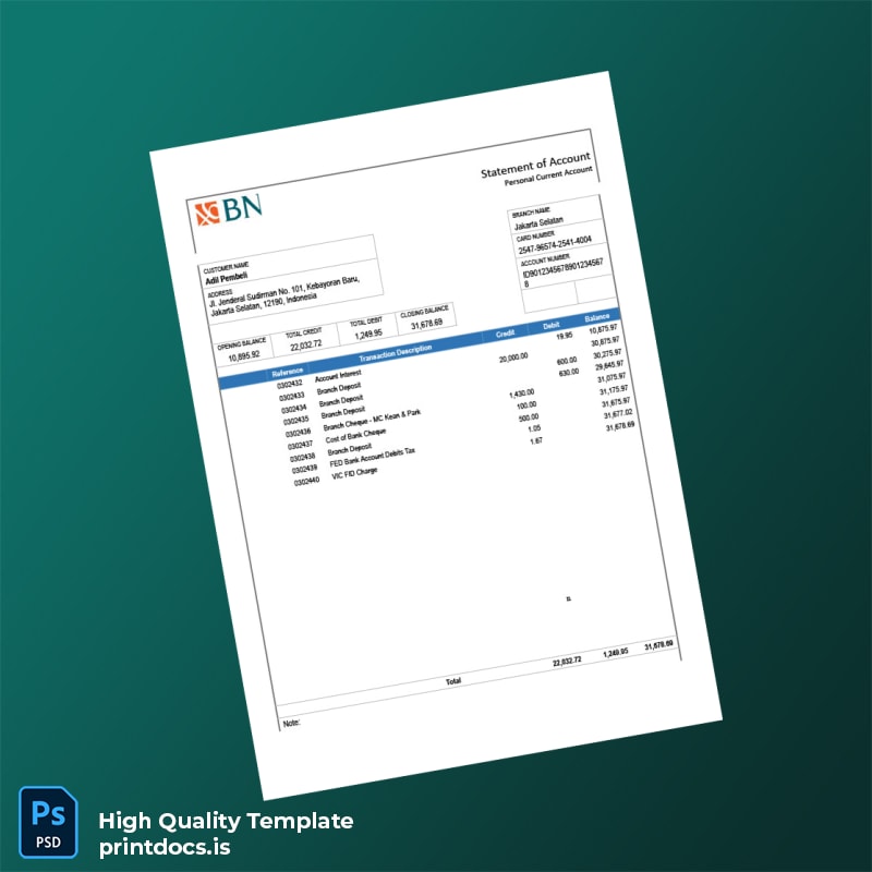 Indonesia Jakarta Selatan Bank Statement Template in Word and PDF formats