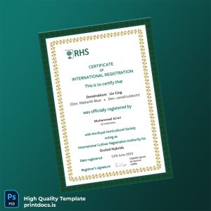 Printable Indonesia Royal Horticultural Society Certificate of International Registration Template (Word & PDF) Image Preview - PrintDocs