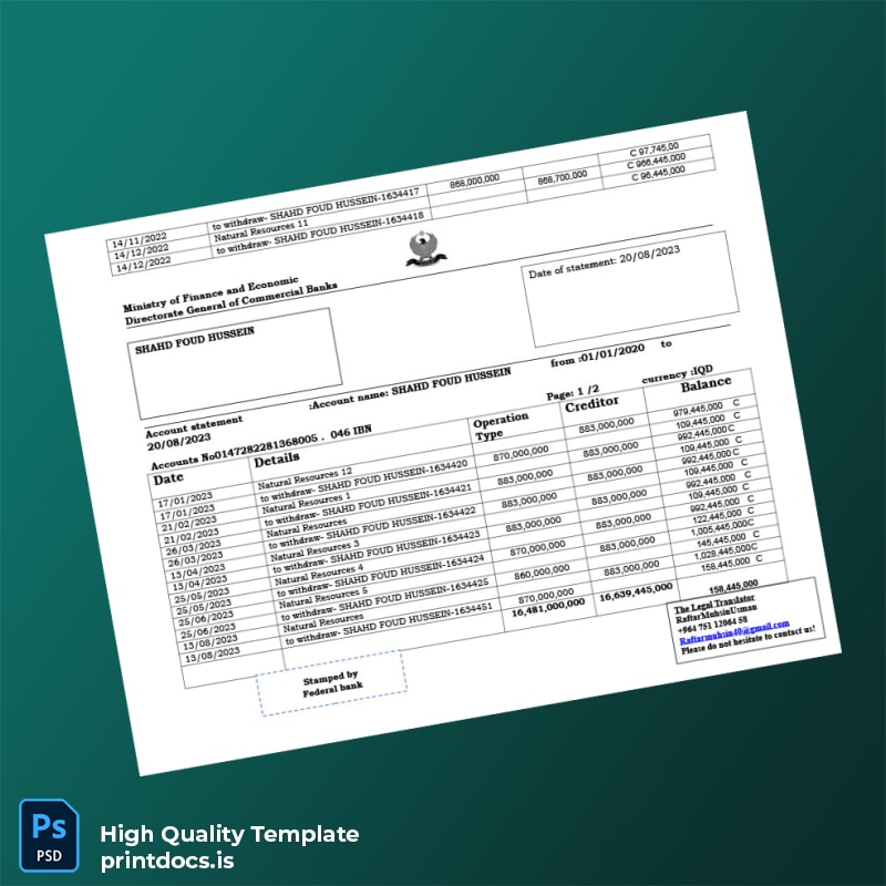 Iraq Bank Statement Template in Word and PDF formats page 2
