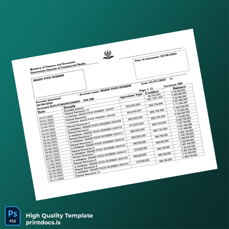 Iraq Bank Statement Template in Word and PDF formats