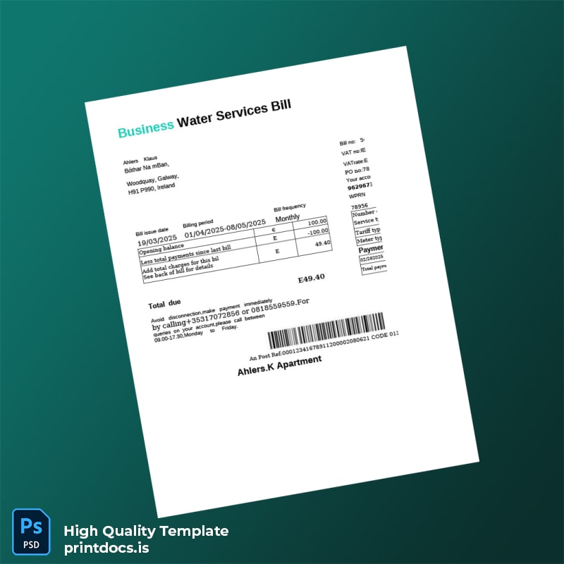 Ireland Ahlers K Apartment Editable Water Bill Template in Word and PDF formats