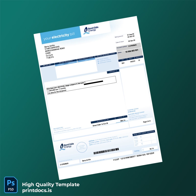 Ireland Bord G Is Energy Editable Electricity Bill Template in Word and PDF formats page 2