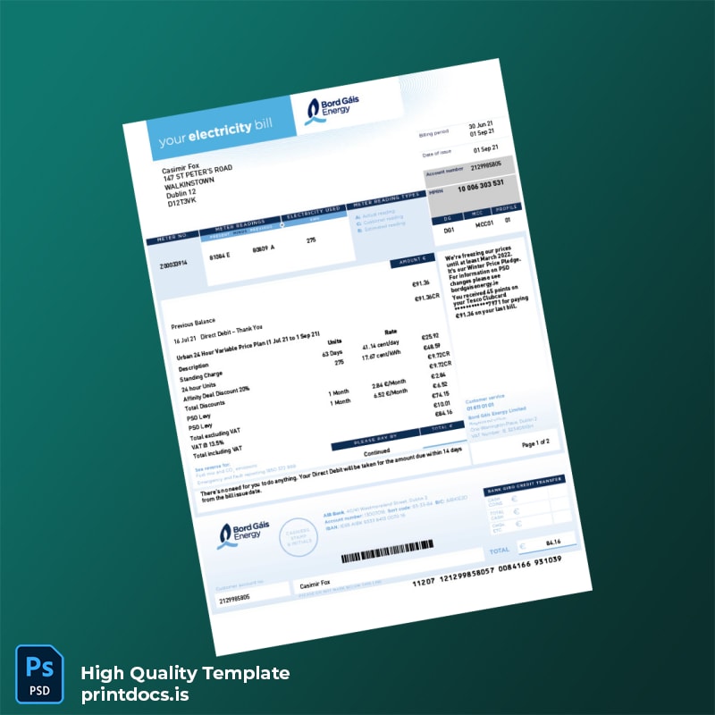 Ireland Bord G Is Energy Editable Electricity Bill Template in Word and PDF formats