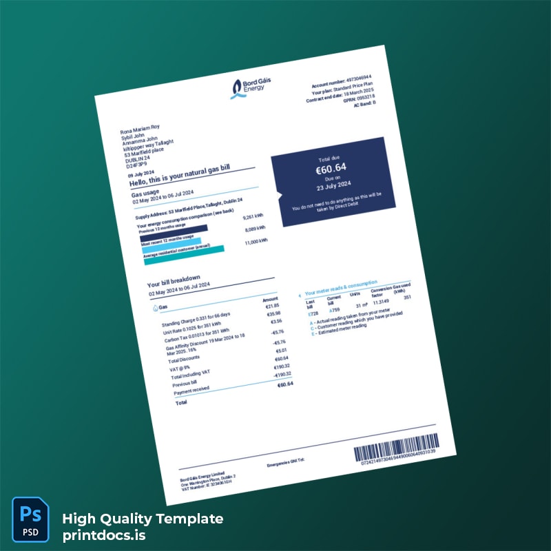 Ireland Bord G Is Energy Limited Editable Gas Bill Template in Word and PDF formats