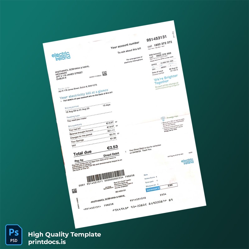 Ireland Electric Ireland Editable Electricity Bill Template in Word and PDF formats