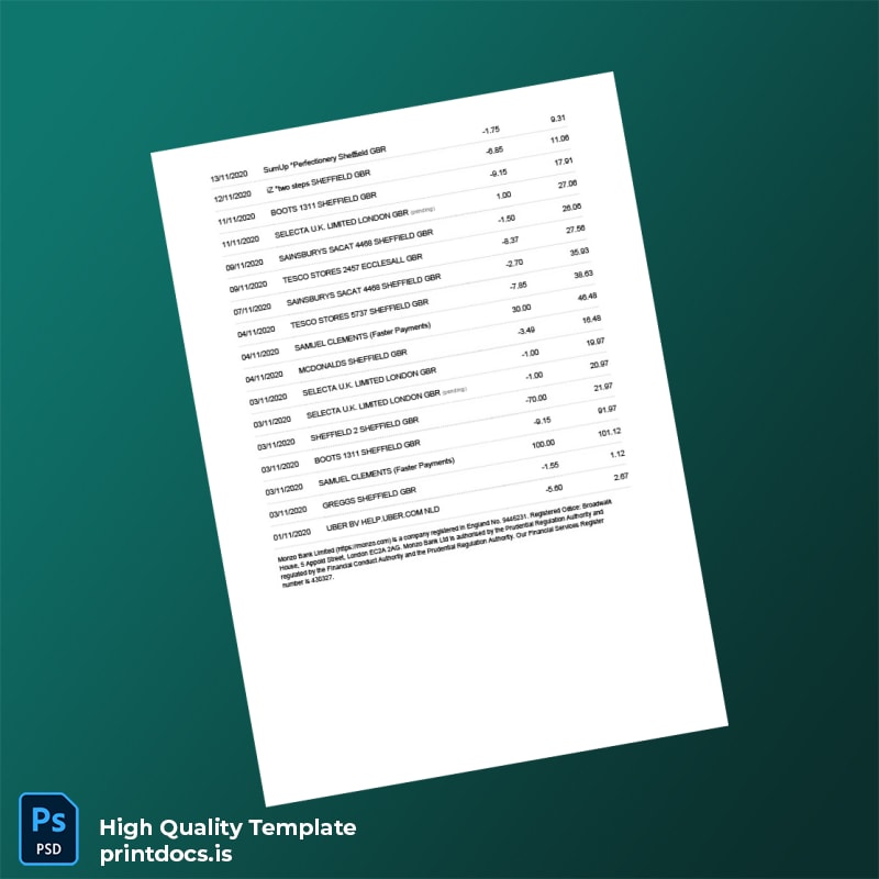 Ireland Monzo Bank Statement Template in Word and PDF formats page 2