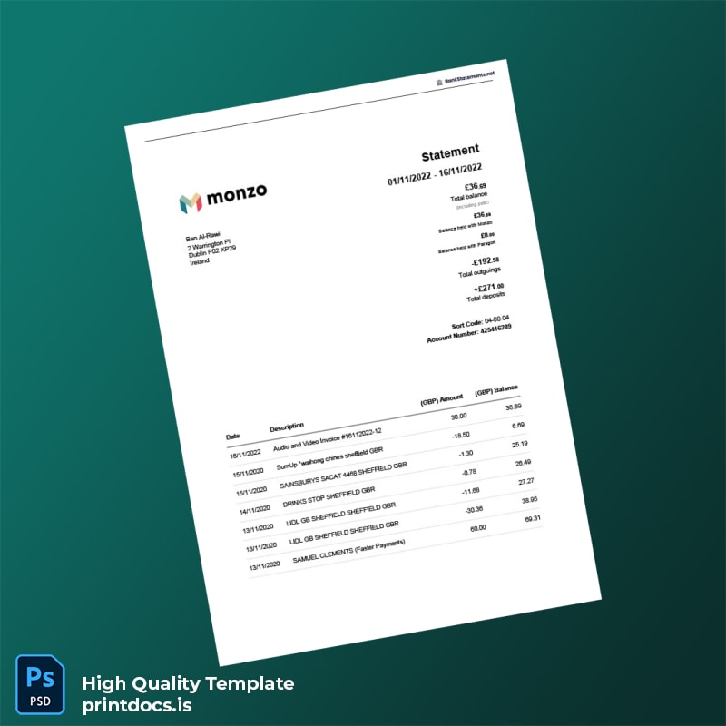 Ireland Monzo Bank Statement Template in Word and PDF formats