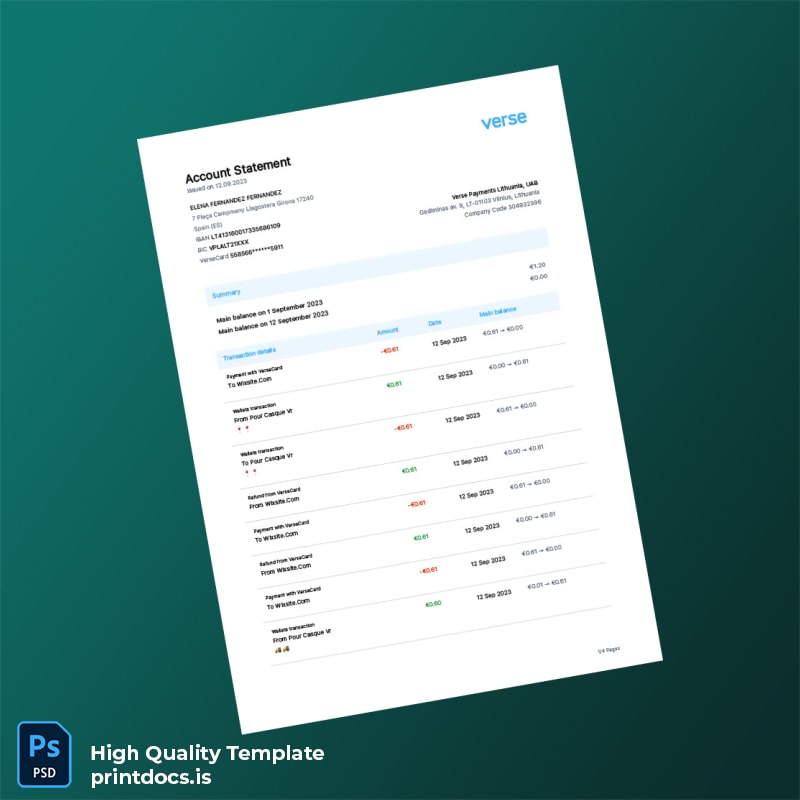 Ireland Verse Bank Statement Template in Word and PDF formats